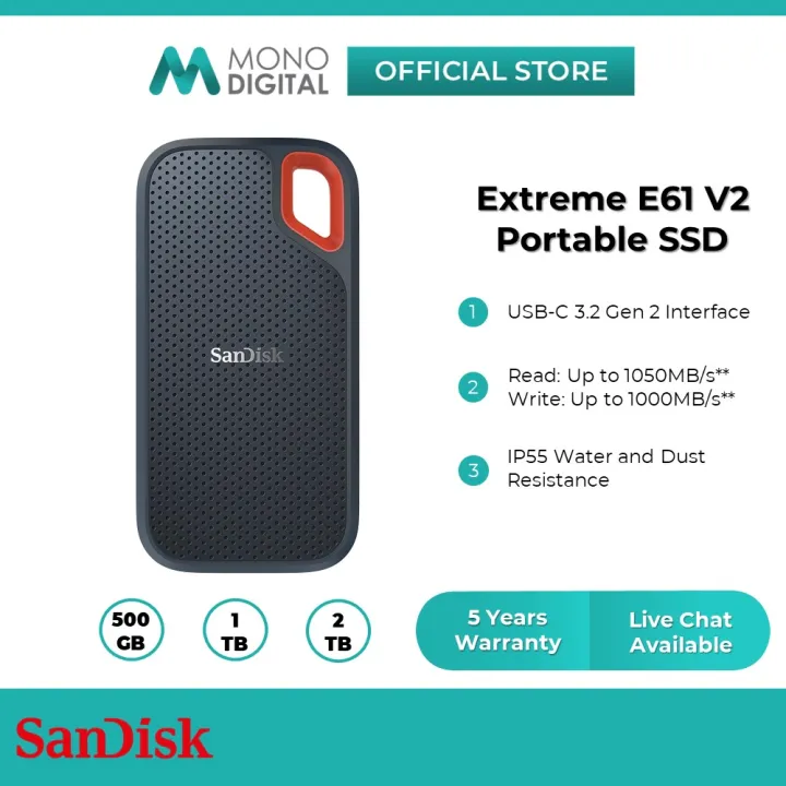 Sandisk Extreme E30 / E61 Portable SSD (250GB/ 480GB/ 500GB/ 1TB /2TB) USB 3.2 Gen 1 External SSD Solid State Drive for Windows & Mac Type-C Type-A E61/E30