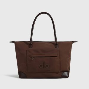 ALO Women Nylon Tote Bag Large Capacity Contrast Trim Shoulder Handbag Front Zipper Pocket Casual Daily Work School Shopping Travel Bag