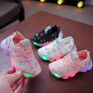 Sepatu Sneakers Anak LED Perempuan/Cewek Bahan Suede Motif Kupu-kupu 012 Terbaru Import - Murah