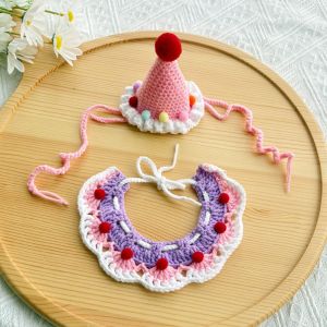 NOBLELUX 2pcs Photo Decoration Pet Birthday Hat Knitted Handmade Dog Neck Accessories Soft Pet Party Dress Up