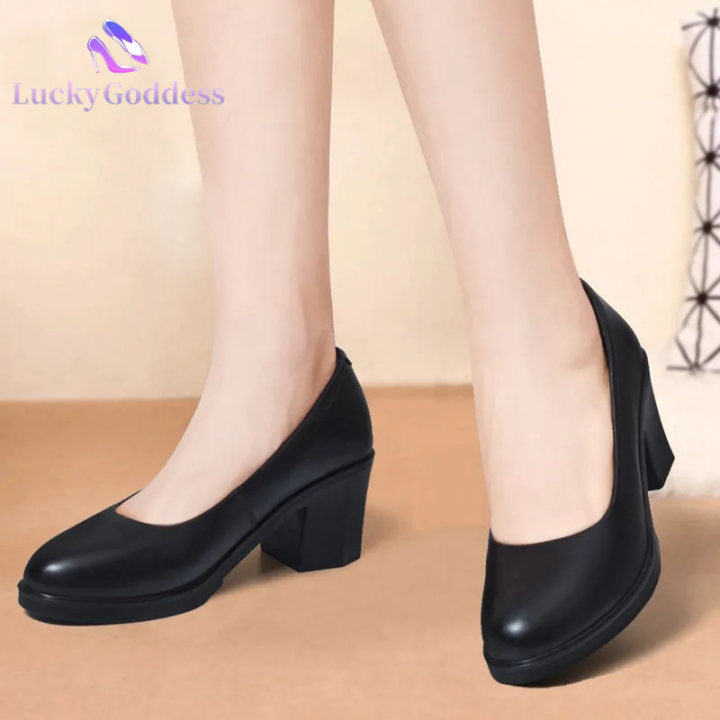 Closed black work shoes with 2 inches heels leather shool shoes for ...
