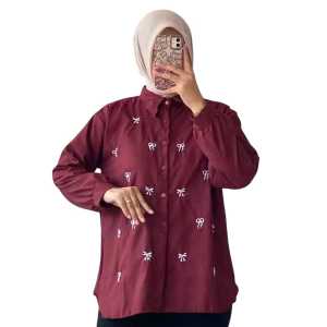 KEMEJA ATASAN WANITA SMALL RIBBON BORDIR KOREAN STYLE // ATASAN WANITA LENGAN PANJANG POLYMICRO