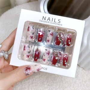 【With Glue】Female Mid-length Fake Nail  Red Vintage Flower Decor Artificial Nail for Women and Girl Party Activity