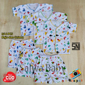 Salwa Baby - Kwalitas Premium 6 PCS Baju Bayi Lengan Pendek dan Celana Pendek Bayi Baru Lahir Motif Dino