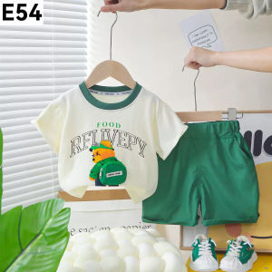 Terno for Kids Boy cream & green cute bear delivery bag design casual wear 1-5yrs old E54