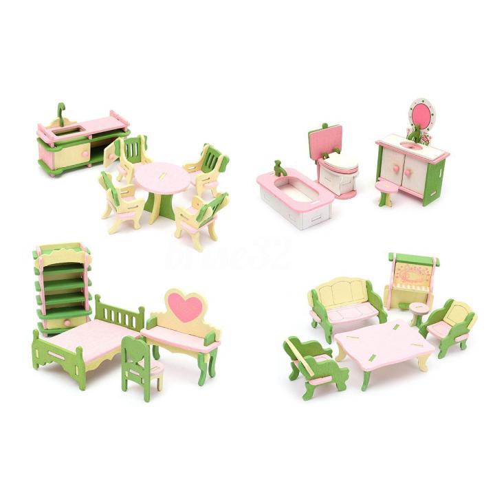 Set Wooden Dollhouse Miniature Furniture Puzzle Model Children Kids Toys