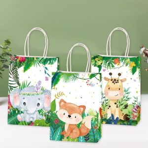XIJIBAN 10pcs Cartoon Tiger Fox Kraft Paper Bag Zebra Lion Giraffe Jungle Animal Theme Paper Handbag  21x15cm Snacks Storage Bag for Treats