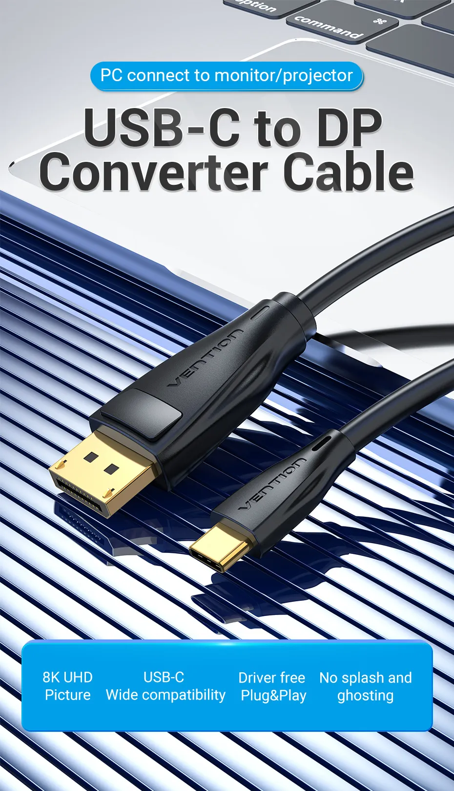 Cáp Type-C to DisplayPort Vention CGY hỗ trợ xuất hình ảnh độ phân giải 8K cực nét