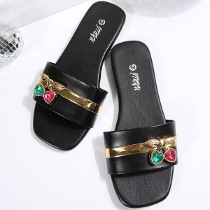 WomenS Shoes Ladies Slippers Elegant Solid Color With Metal Decoration Square-Toed Flat Sandals Comfortable Casual Lightweight And Comfortable