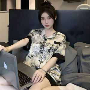 【SingaBralette】 Pajama Women Ice Silk Short Sleeve Suit Court Style Large Home Clothes Sleepwear Set Two Piece Plus Size Pajamas