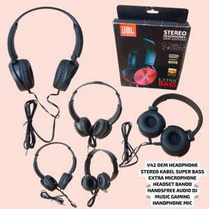 V42 ORI OEM HEADPHONE STEREO KABEL SUPER BASS EXTRA MICROPHONE HEADSET BANDO HANDSFREE AUDIO DJ MUSI