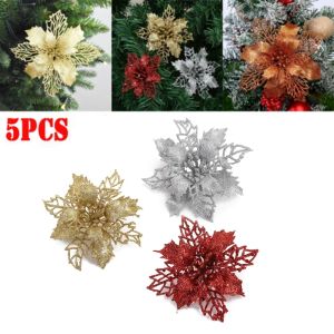 ดอก Poinsettia ประดับกลิตเตอร์5ชิ้นเครื่องประดับต้นคริสมาสต์ตกแต่งดอกไม้เชอร์รี่ปีใหม่คริสต์มาสงานแต่งงานเบอร์รี่