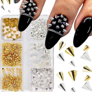 6 Pieces Gothic Metal Nail Accessories Edgy Studs Multi Design Strong Adhesive Decorations For Creative Nail Art