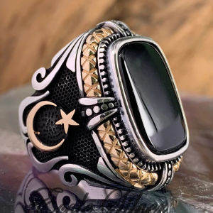 Vintage Handmade Turkish Mysterious Totem Star Moon Ring For Men Ancient Silver Color Black Zircon Ring Trendy Muslim Jewelry H260531