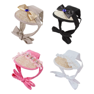 Outdoor Dog Hat Sun Protective Hat Adjustable Strap Sun Straw Caps for Puppies Lovely Bowknot Hat for Small Breeds