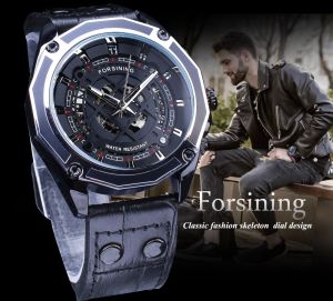 Forsining military design black leather belt mens automatic sports skeleton mechanical wrist watch top brand luxury. Mens gifts