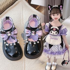 Kids Kuromi Leather Shoes for kids girls Black Mary Janes Leather Kuromi Princess Shoes Bowknot Doll Shoes