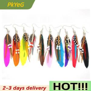 PkYeG Fashion Tassel Dangling Earrings Feather Leather Beads Earrings Indian Feathers