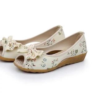 New Summer Ethnic Style Bowknot Wedge Sandals For Women Soft Sole Breathable Peep-Toe Fabric Shoes Retro WomenS Shoes