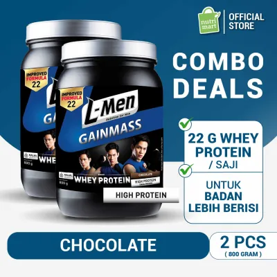 Twin Pack : L-Men Gain Mass Chocolate 800g - 22g Whey Protein - 10 Serving - Dilengkapi BCAA & L-Carnitine