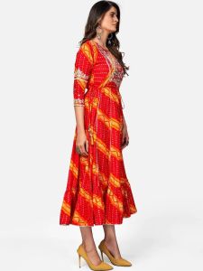 [Ready SG Stock] Red Bandhani Print & Embroidered Anarkali Rayon Kurti \ Gown with Waist String- Indian Dresses