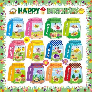 BeYumi Birthday Bulletin Board Decorations - 75Pcs Bug Birthday Bulletin Board Set Bug Insect Happy Birthday Border Trim Decor Months Mason Jar Cutouts Birthday Calendar School Classroom Chalkboard