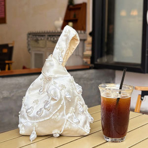 Korean Style Elegant Satin Silk Pearl Beaded Handbag Luxury Evening Wedding PartyTote Bag # 7752