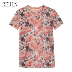 REHIN Summer fashion mesh floral printing short-sleeved round neck T-shirt Slim-fit elegant womens top