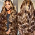 ARIETIS Ombre Highlight Lace Front Wigs Human Hair 250 Density 12A Body Wave Honey Blonde P4/27 13x4 Glueless HD Lace Frontal Wigs for Black Women Pre Plucked Bleach Knots With Baby Hair 28 Inch. 