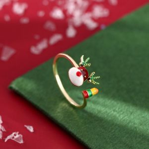 MAOMEI Dầu nhỏ giọt Nhẫn nai sừng tấm tráng men Hoạt hình Hợp kim Khóa ngón tay giáng sinh Độc đáo Nhẫn hở Đồ trang trí Giáng sinh