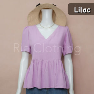 RAVEN Vneck Peplum Puff Sleeves Casual Office Blouse Korean BKK Trendy Top for Women Ria Clothing