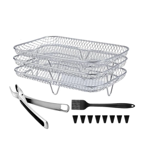 Stainless Steel Air Fryers Accessory Set 3 Tiers Stackable Dehydrator Racks with Clip and Silicone Feet for Fryers