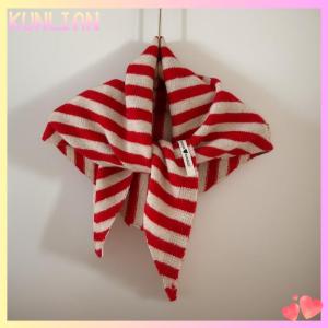 [KUNLIAN] Korean Style Striped Solid Color Wool Knitted Triangular Small Scarf Shawl Headscarf Knitted Scarf Multi-functional Warm Scarf