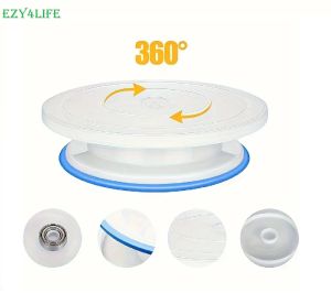 [EZY4LIFE] Pangkalan Putar Kek Plastik 360° Rotating Plastic CAKE Turntable Stand - Lightweight Stable Manual Smoother for Decorating Oval Shape with Blue Accents Perfect for Decorating ToolCake Decorating Turntable