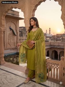 [PRE ORDER : 10 DAYS] Designer Parrot Green Mul Chanderi Kurti Pant Set with Jacquard Dupatta 408 | Premium Roman Silk Pant & Full Cotton Inner Premium Hand Work Salwar Suit | 408 |