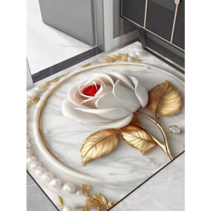 Super Absorbent Non-Slip Mud Mat Bathroom Water Absorb Floor Carpet Toilet Alas Kaki Bilik Mandi with gold rose design.