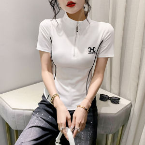 YIMEI เสื้อยืดสตรีคอตั้งมีซิปแขนสั้นใหม่สำหรับฤดูร้อน2023เสื้อยืดเด็กผู้หญิงเผ็ดสวยฉบับภาษาเกาหลีเสื้อคอตตอนต่างประเทศ
