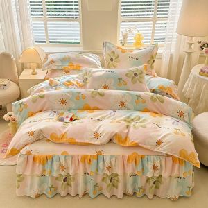 4in1 Bedsheet Set 100% Cotton Duvet Cover with Bed Skirt and Pillowcases Bedding Set Multiple Size High Quality Full Garterize Bed Sheet Thick