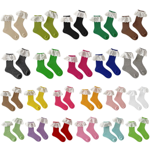 Korean Sweet Candy Color Ribbed Cotton Crew Socks for Women Elegant Ruffled Lace Trimmed Patchwork Middle Tube Socks