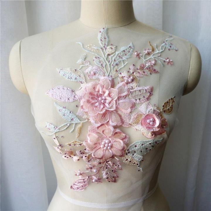 Pink 3D Flower Lace Fabric Sequin Beads Rhinestone Embroidered
