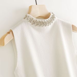 Women Knit Vest New Vintage Romantic Handmade Beaded Half High Neck Sleeveless Knitted Vest for Women Bottom Tops