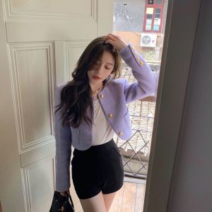 B3794 Olivia Gold Buttons Crop Tweed Blazer