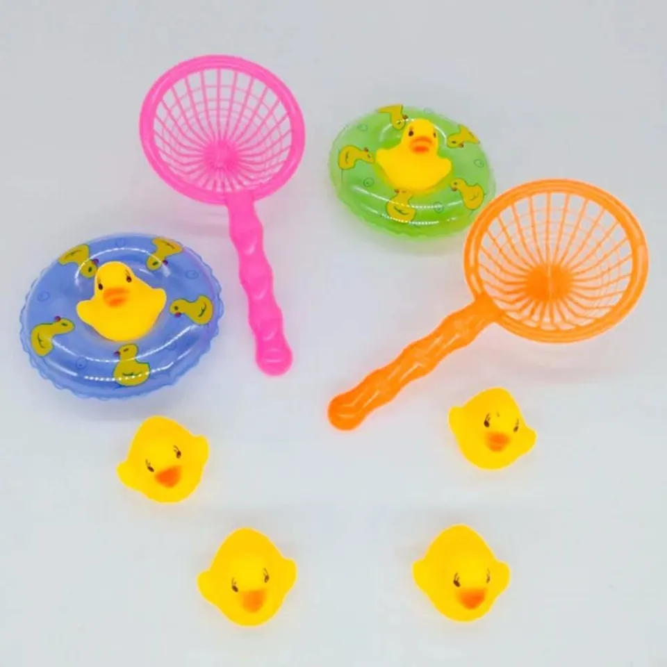 CGGUE 5Pcs/set Floating Toddler Toys Washing Fishing Net Kids Toy Rubber  Yellow Ducks Bath Toys Baby Water Toy Mini Swimming Rings