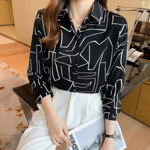 【24H Delivery】Korean womens geometric pattern color matching lapel long sleeve chiffon shirt