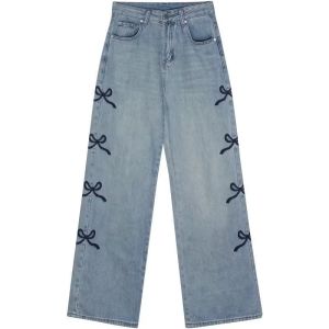Baggy Embroidery Jeans for Women Wide Leg Pants Plain High Waist Denim Pants