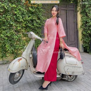 Áo dài Gấm hồng sen cách tân nữ dáng suông xưa Chaang may sẵn áo dài xuông rộng nơ bầu dự tiệc cưới hỏi lễ tết đẹp ADC768
