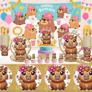 ข้ามพรมแดนใหม่อุปกรณ์ปาร์ตี้ธีมคาปิบาระตกแต่งการ์ตูนจานกระดาษถ้วยกระดาษมีดส้อมช้อนเครื่องใช้บนโต๊ะอาหารแบบใช้แล้วทิ้ง