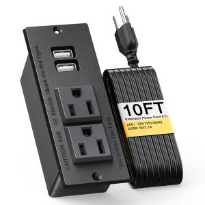 Recessed Power Strip For Desk Embedded Desktop Socket Outlet With 2-USB Ports And 2-Socket 10 FT Extension Power Cord Over Current Protection ETL Listed Suitable For Home Office