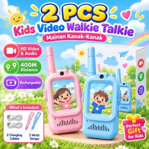 2Pcs Handheld Kids Video Walkie Talkie HD Screen Video & Audio Intercom 400M Communication Distance Rechargeable Portable Intercom Device Mainan Kanak‑Kanak Camping Adventure Game Toy For Children