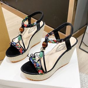 [Free Shipping] Plus-Size Elastic-Strap Wedge Sandals New Spring/Summer Collection Fashionable Ethnic-Style High-Heeled Sandals For Women